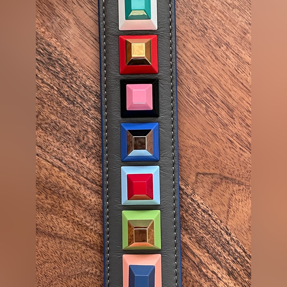 FENDI 35” Strap You Multicolor Stud Gray Leather Shoulder Strap w/COA and Dusty - Picture 8 of 11